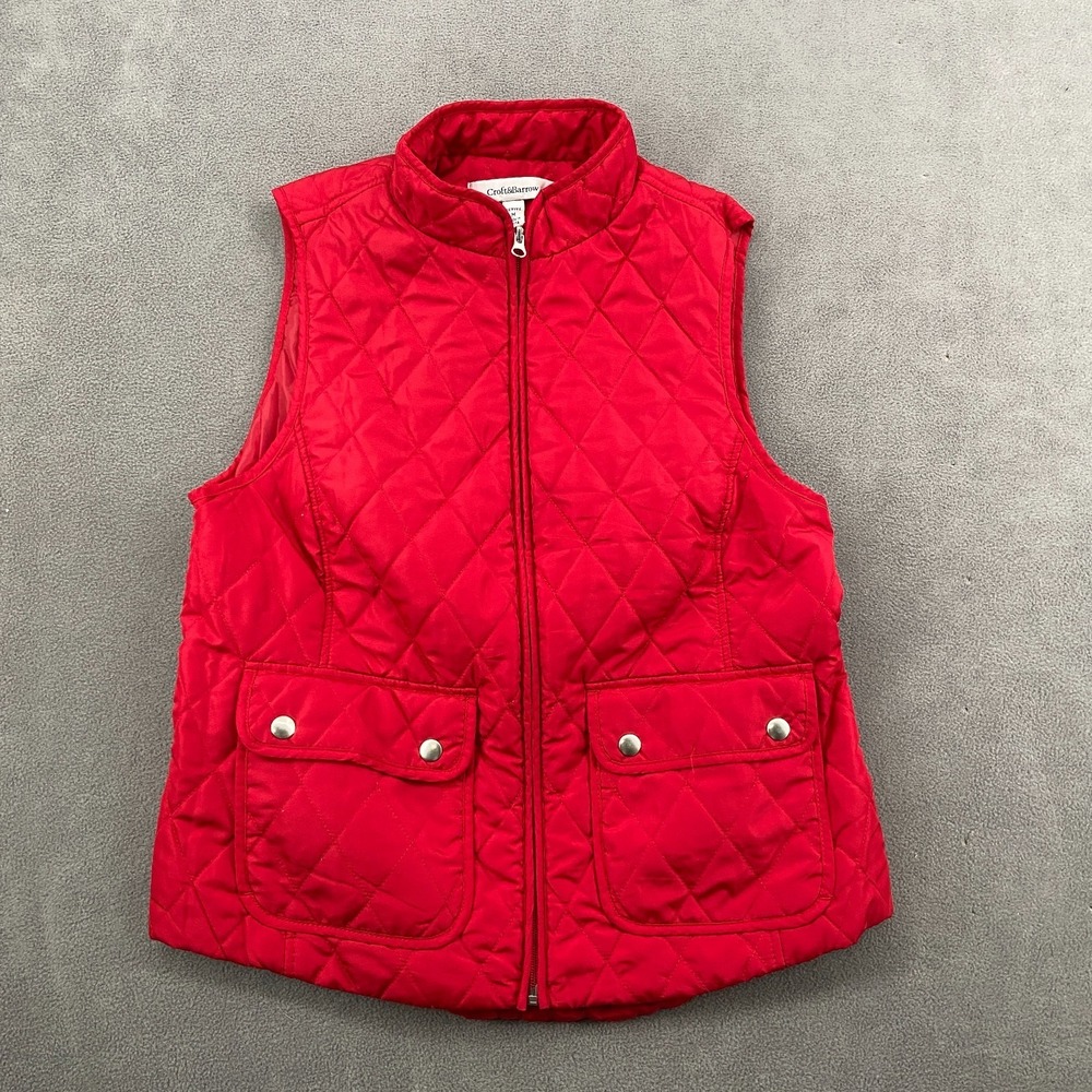 VTG Croft & Barrow Quilted Vest Womens Petite Medium Red Full Zip Round Hem